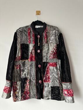 Vintage 90s Patchwork Velvet Jacket Boho Embroidered Lagenlook Statement Coat XL